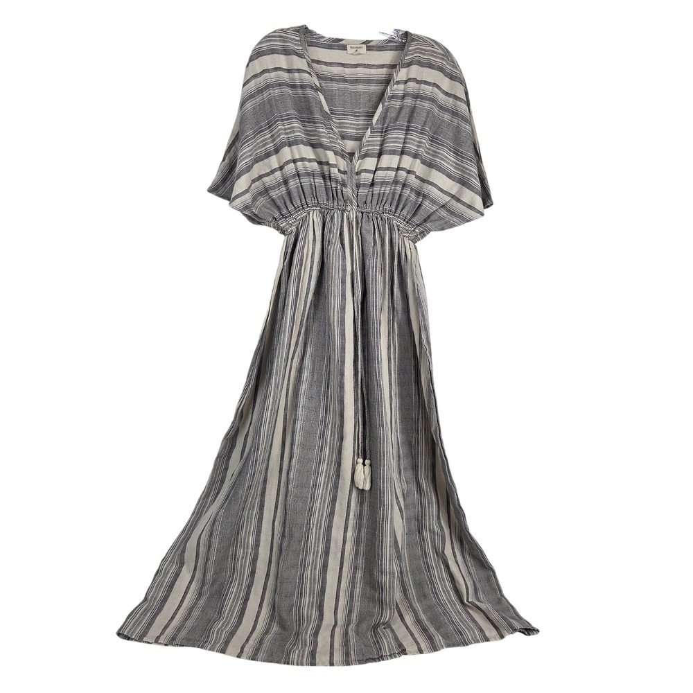 World Market Maxi Dress S/M Grey Striped Cotton Boho Coastal Kaftan Neutral